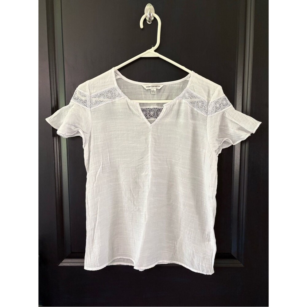 Counterparts White Flutter Sleeve Lace-Trim V-Notch Top